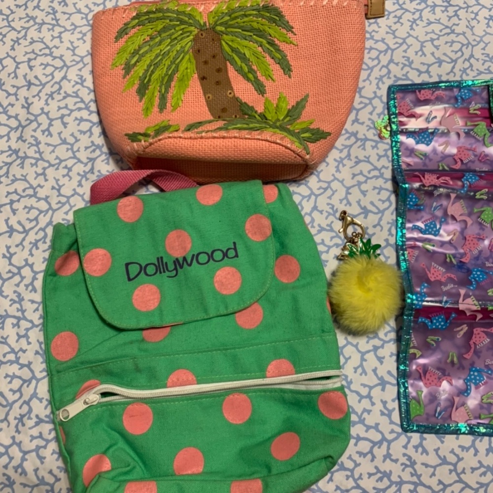 girls backpack, palm tree purse and keychain